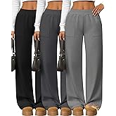 Yearntown 3 Pack Women's Wide Leg Baggy Sweatpants Fleece Elastic Lounge Pants with Pockets Casual Loose Yoga Jogger Pants