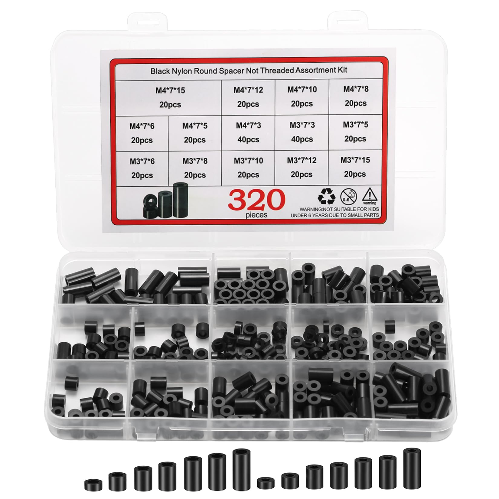 320 Pcs Black Nylon ABS Round Spacers Washers Assortment Kit, Insulation Screws Non Threaded Column Standoff Support Spacers Washers - M3/M4, 14 Kinds Different Size