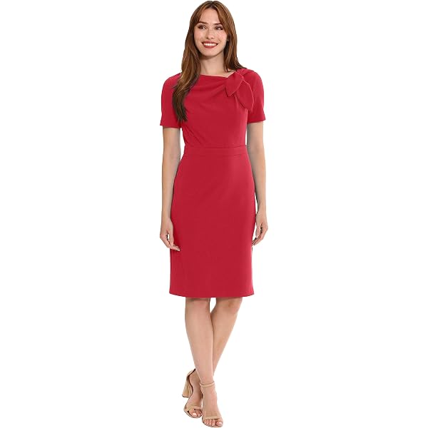london style short sleeve sheath dress Maggy London Ruffle Mock Neck Short Sleeve Stretch Crepe Midi Pencil Sheath Dress
