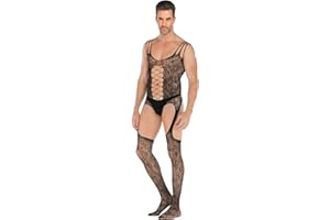 SINROYEE Men's Sheer Lace Lingerie Sissy clothes Sexy Tight Cut Out Elastic Nightgown One-piece Bodysuit