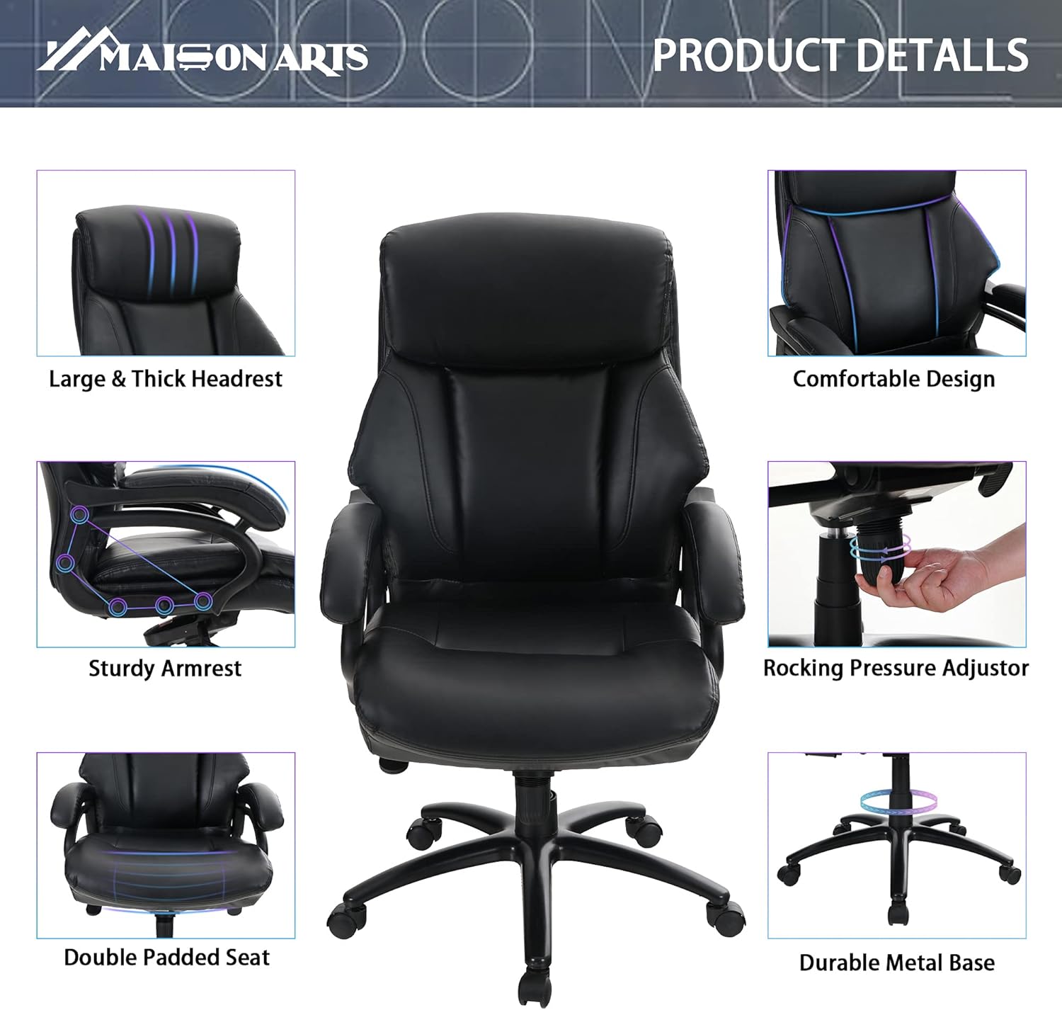MAISON ARTS Big and Tall Executive Office Chair, Ergonomic High Back Bonded Leather Massage Computer Desk Chair Task Swivel Chair with Rocking Function and Heavy Duty Metal Base for Home Office, 400LB: Kitchen & Dining