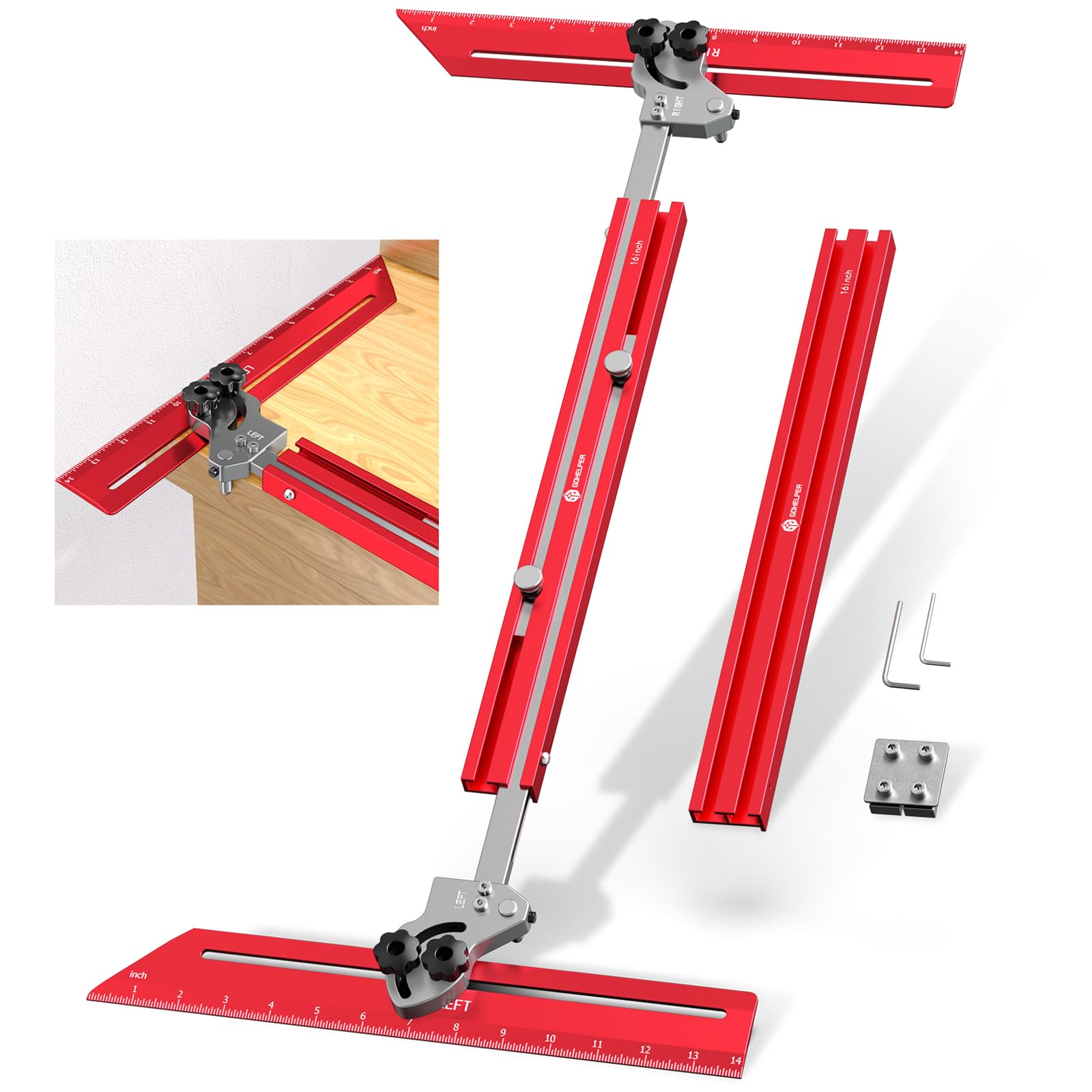 Photo 1 of Portable Stair Tread Template Tool, Simple Assembly Stair Measuring Tool, Adjustable Bar Length from 23" to 64.2", Precision Stair Tread Jig with Dual Knobs and Stop Pins, 14" Pivoting Scale