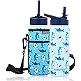 FAHRMOSIS 18 OZ Kids Water Bottle with Carrier Bag & Strap Leak Proof Metal Insulated Stainless Steel Tumbler with 2 Lids (Flip & Spout) for School & Sports Water Bottle with Straw - Blue (Shark)
