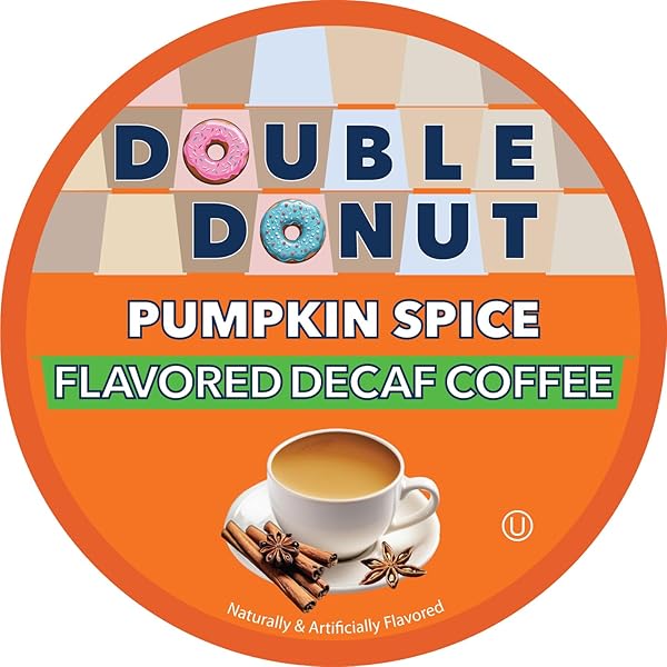 DOUBLE DONUT COFFEE MEDIUM ROAST DECAF COFFEE PODS, PUMPKIN SPICE FLAVORED, FOR KEURIG K-CUP MACHINES, 24 SINGLE-SERVE CAPSULES PER BOX