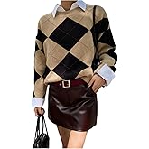 SOLY HUX Women's Argyle Sweater Plaid Long Sleeve Crew Neck Knit Pullover Casual Preppy Sweater Tops
