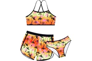 Funnycokid Girls Swimsuit 3 Piece Hawaii Bathing Suit Bikini Set with Shorts Sport Swimwear 7-14 Years