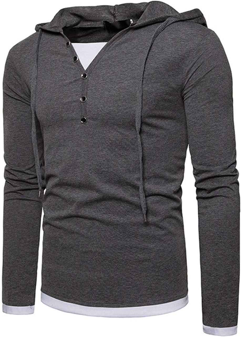 Mens Casual Henley Hoodies Slim-Fit Hoodie Shirt Long Sleeve Tops Black White Grey