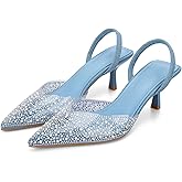 YIYA Women's Clear Slingback Heels with Pearl Studded Pointed Toe Kitten Mid Heels Sparkly Rhinestone Slip On Wedding Party Shoes