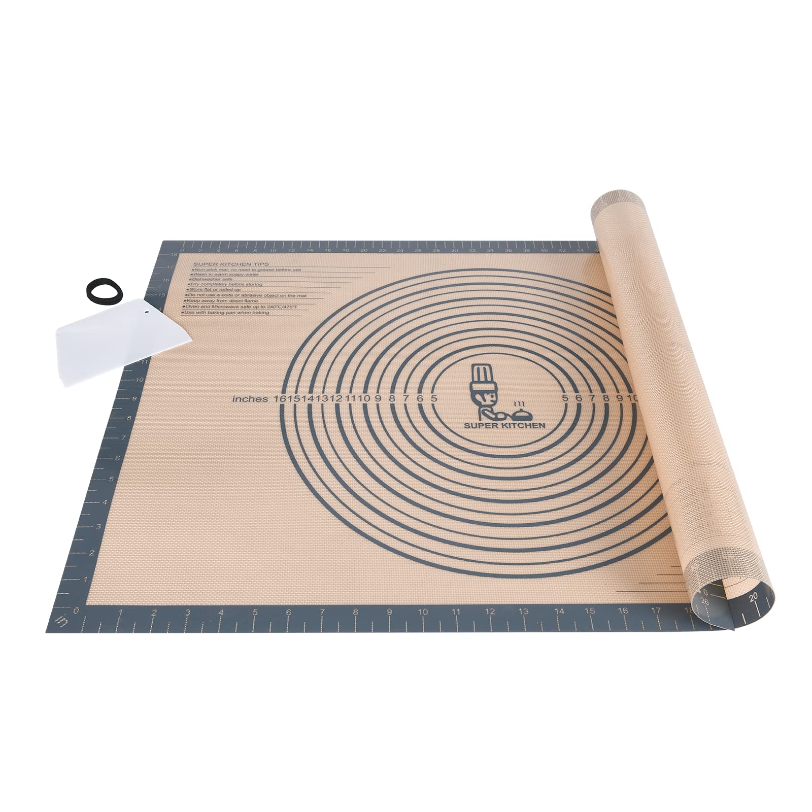 Super Kitchen Extra Large Non-Slip Silicone Pastry Baking Mat with Dough Scraper, Non-Stick Fondant Rolling Mat, Pizza Dough Kneading Board, Baking Equipment Counter Mat, BPA Free (Grey, 71 x 51 cm)