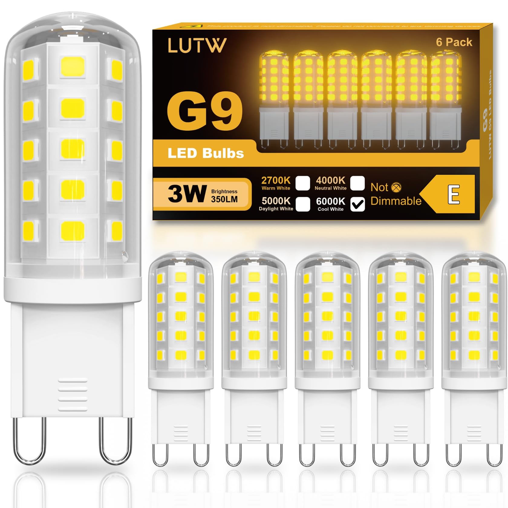 LUTW G9 LED Bulbs Cool White 3W, Equivalent 30W - 40W G9 Halogen Bulbs, Non-dimmable, 350LM 6000K Energy Saving Light Bulbs for Chandelier, Lighting Decor, Ceiling Lights, Wall Light, 6 Pack — image 1
