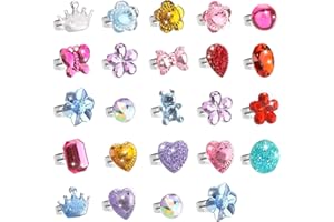 Hifot 24 pcs Girls Crystal Adjustable Rings, Princess Jewelry Finger Rings with Heart Shape Box, Girl Pretend Play and Dress up Rings for Children Kids Little Girls - Random