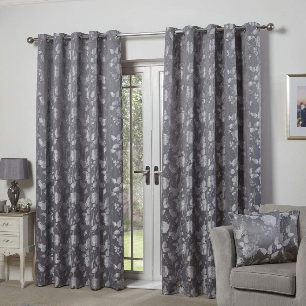 Emma Barclay – Fully Lined Curtains for Bedroom Living Room Jacquard Eyelet Two Panel Floral Curtains Butterfly Meadow Collection (66” x 54” Inch)(Silver)