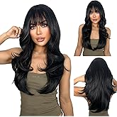 SUKRI Black Layered Wig with Bangs for Women 26 Inch Long Wavy Synthetic Wigs Heat Resistant Hair for Daily Party Cosplay Use(Black)