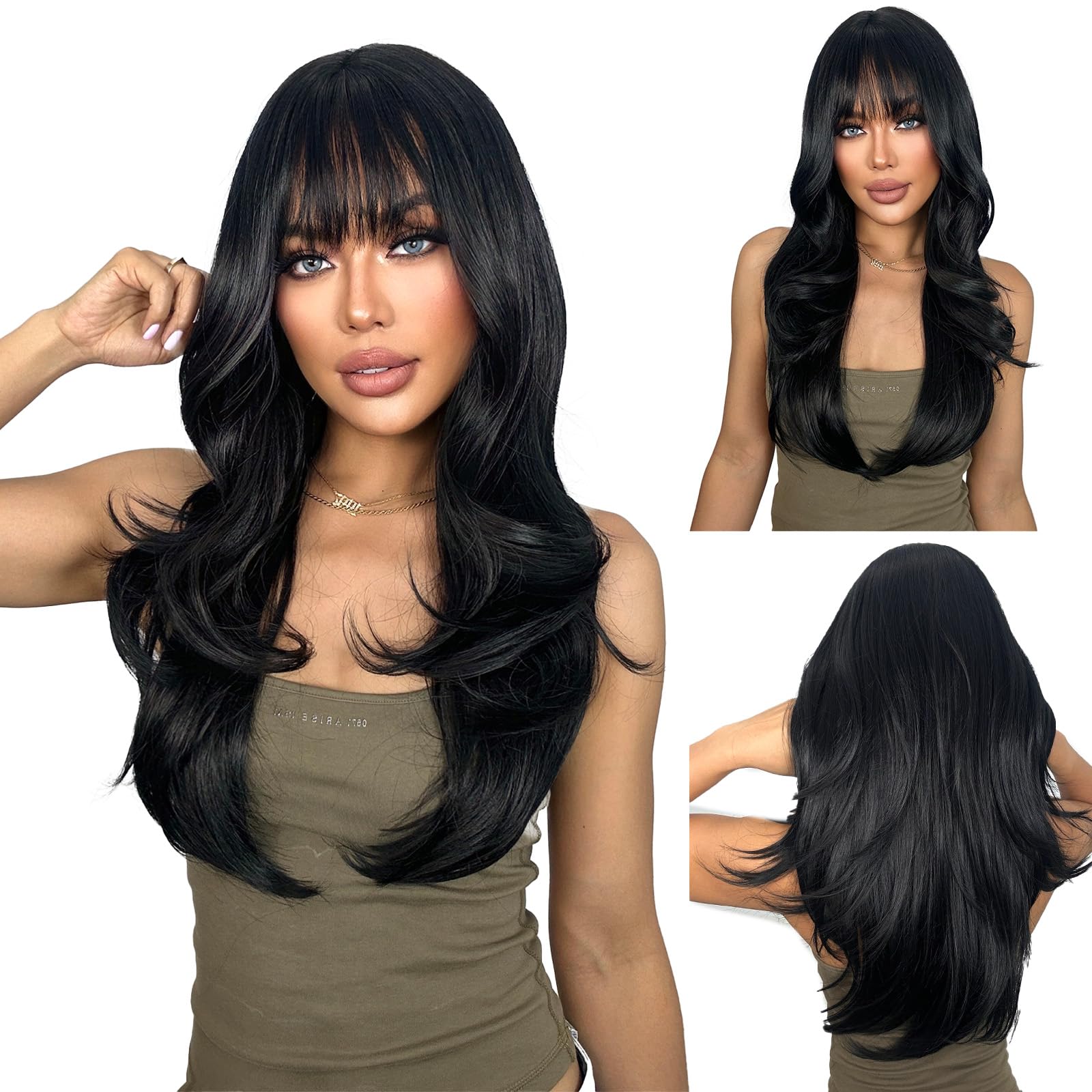 Photo 1 of SUKRI Long Black Wigs for Women Layered Black Wig with Bangs 26 Inch Realistic Heat Resistant Synthetic Hair for Daily Party Use