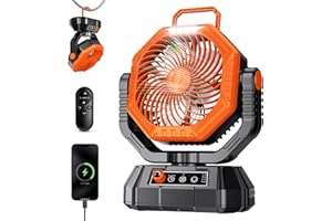 AJVV Camping Fan Rechargeable, Battery Powered Fan With Remote Controller, LED Light, Dual Motors, Stepless Speed, 45°/90°/270° Swing,Timer, Portable fan For Travel Tent Bedroom Beach Fishing, Orange