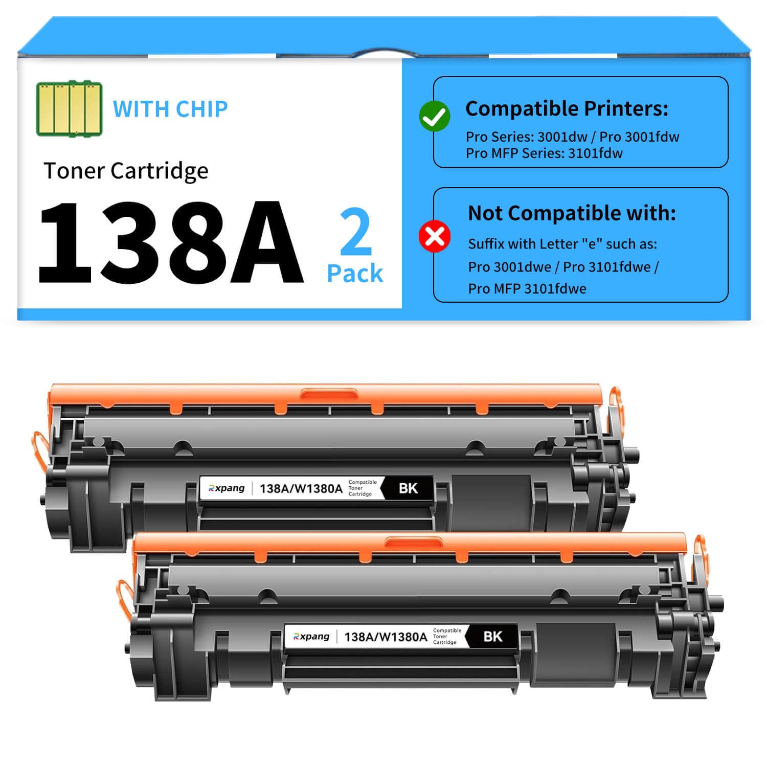 Photo 1 of 138A W1380A Black Toner Cartridge with Chip Replacement for HP 138A W1380A 138X W1380X Black Toner Cartridge Compatible with HP Laser Jet Pro 3001dw 3001fdw MFP 3101fdw Series Printer (2 Black)