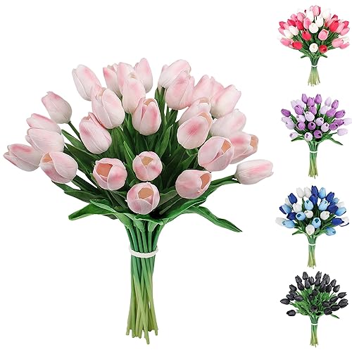 30pcs Pink Tulips Artificial Flowers Fake Latex Tulip Stems - Real Touch Faux Gradual Pink Tulips Flower for Easter Spring Wedding Bouquet Centerpiece Floral Arrangement Wedding Cemetery Table Decor