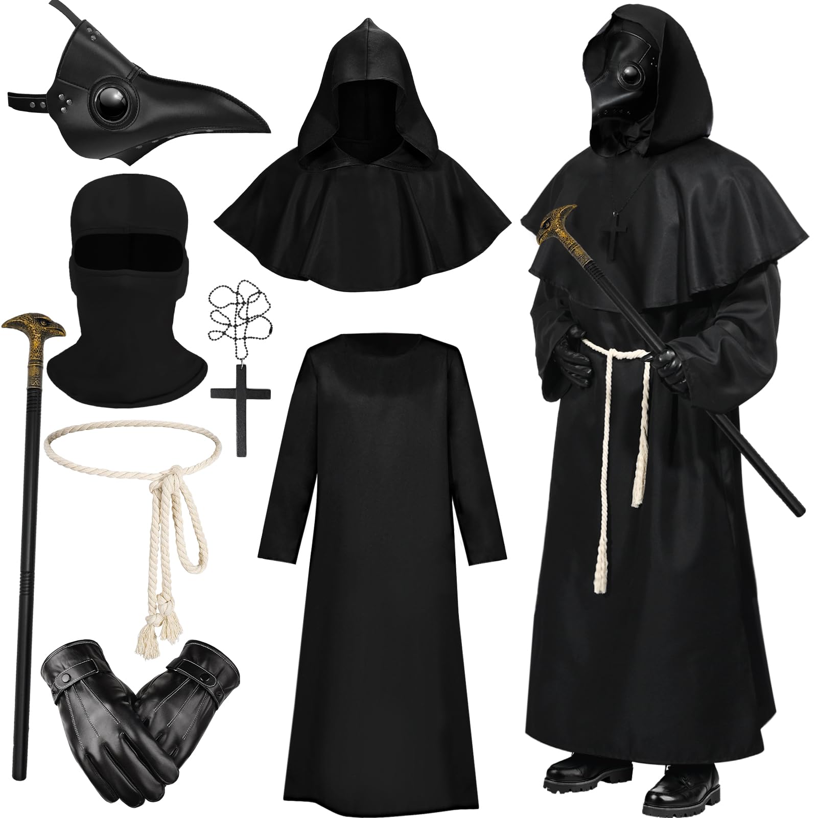 Plague Doctor Costume Adult, Plague Doctor Leather Mask with Black Cloak Halloween Outfit Gloves Belt Cross Necklace Scepter Steampunk Fancy Dress Up Men Women Cosplay Party Full Set (Black 1, M)