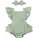 Happy Town Baby Girl Clothes Toddler Summer Linen Romper Sleeveless Ruffle Outfits Infant Girls Jumpsuit with Headband
