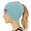 Raylarnia Beanie Tail Chunky Cable Knit, Trendy Warm Thick Soft Winter Cap, High Bun Ponytail Beanie Hat-Mint