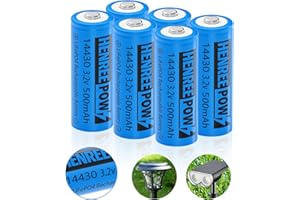 Henreepow LiFePo4 Battery 14430, 3.2v Rechargeable Solar Batteries, 500mAh LiFePo4 Battery for Outdoor Solar Garden Lights, Shaver, Flashlight, Toothbrush (6pack-Not AA Size)