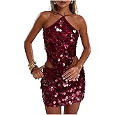 SweatyRocks Women's Sexy Sequin Halter Tops Crisscross Tie Backless Asymmetrical Y2k Going Out Party Concert Top Burgundy Small