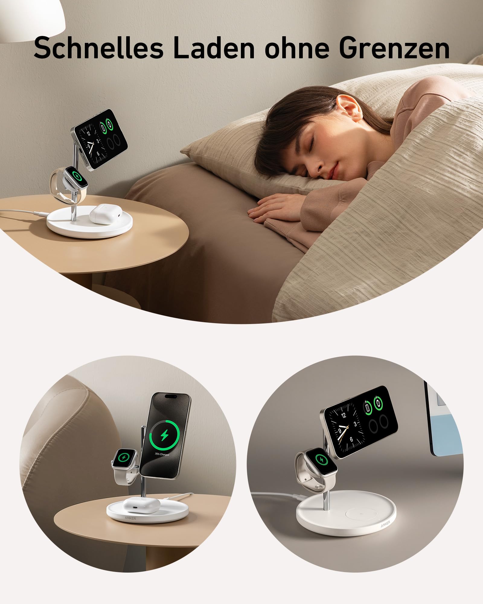 Anker MagGo 3-in-1 Kabellose Ladestation, 15W kabelloser Ladeständer, MagSafe-kompatibel, Qi2-zertifiziert, für iPhone 17/16/15/14 Serie, AirPods Pro, Apple Watch Ultra (Mit USB-C Netzteil und Kabel) 5