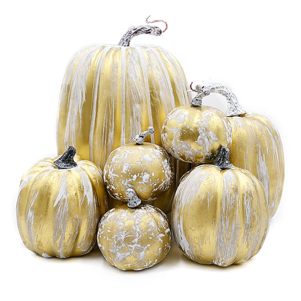 OTMVicor 7 Pcs Artificial Pumpkins,Gold Brush White Foam Pumpkins for Autumn Season,Halloween,Thanksgiving Festival Decorations(Gold Brush White) — image 1
