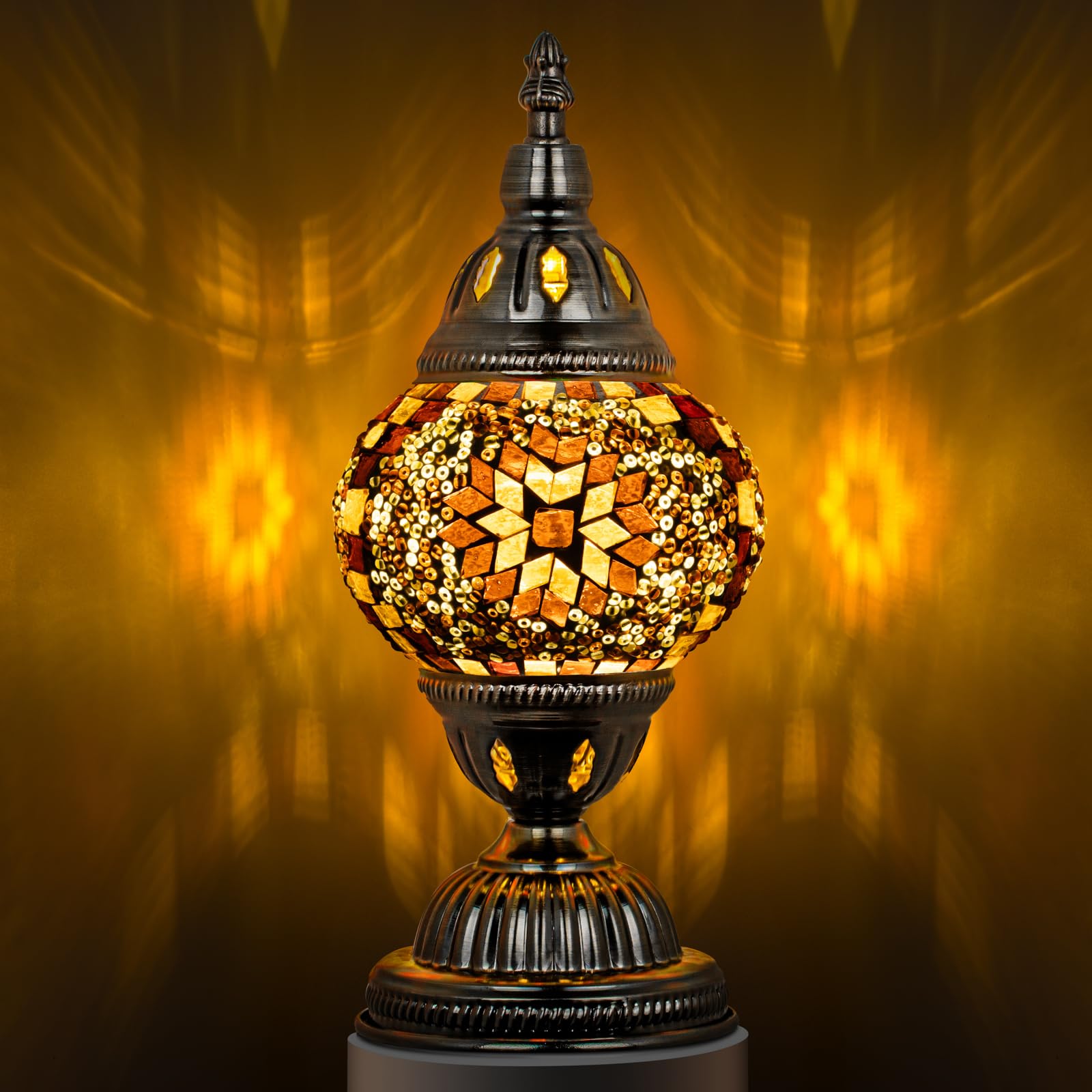 Photo 1 of Marrakech Turkish Table Lamp with Bronze Base?Handmade Yellow Moroccan Tiffany Style Mosaic Glass Night Stand Light Fixture Including LED Bulb for Living Room Bedroom Decor-