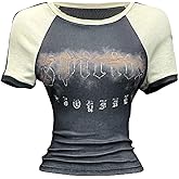 Verdusa Women's Goth Graphic Shirt Short Sleeve Tight Crop Tops Color Block Tees Y2K Crewneck T Shirt