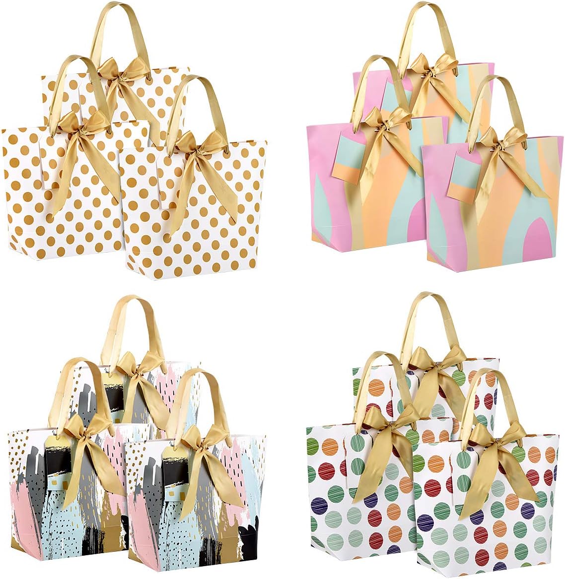 Gift Bags with Ribbon Handle Custom Hang Tag - Durable Waterproof Cover Paper Bags for Birthdays, Weddings, Baby Showers,Bridal Showers,Anniversary,Christmas (Rainbow Color, Middle / 12 Pack)