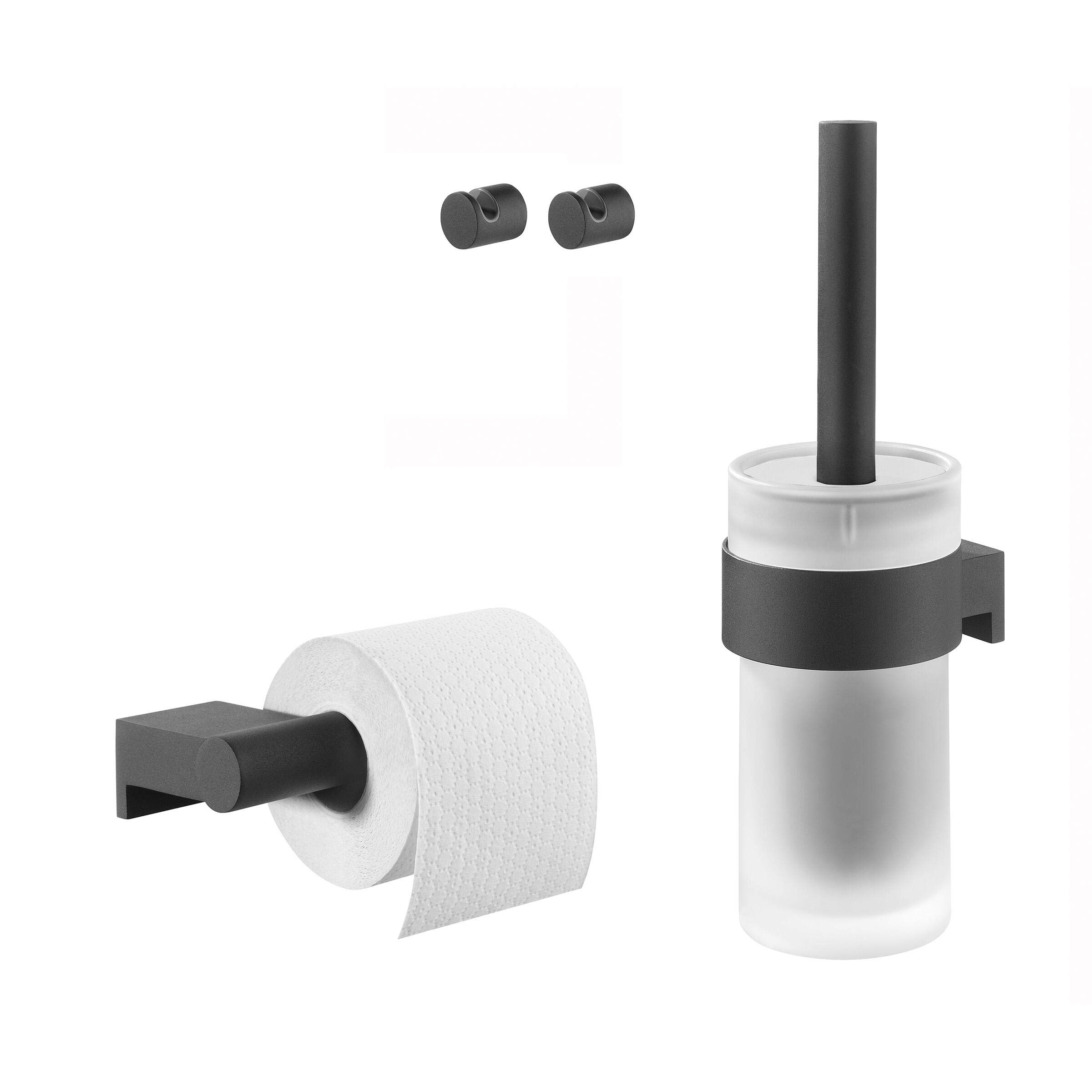 Tiger Bold Toilet accessories set - Toilet brush and holder - Toilet roll holder without cover - Towel hooks - Black