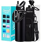 Water Bottle with Straw - 40 oz Stainless Steel Water Bottles, Big Water Jug Vacuum Insulated Waterbottle with Paracord Handle, Straw/Auto Spout Lid, Strap Sleeve, Metal Reusable Water Bottle Black