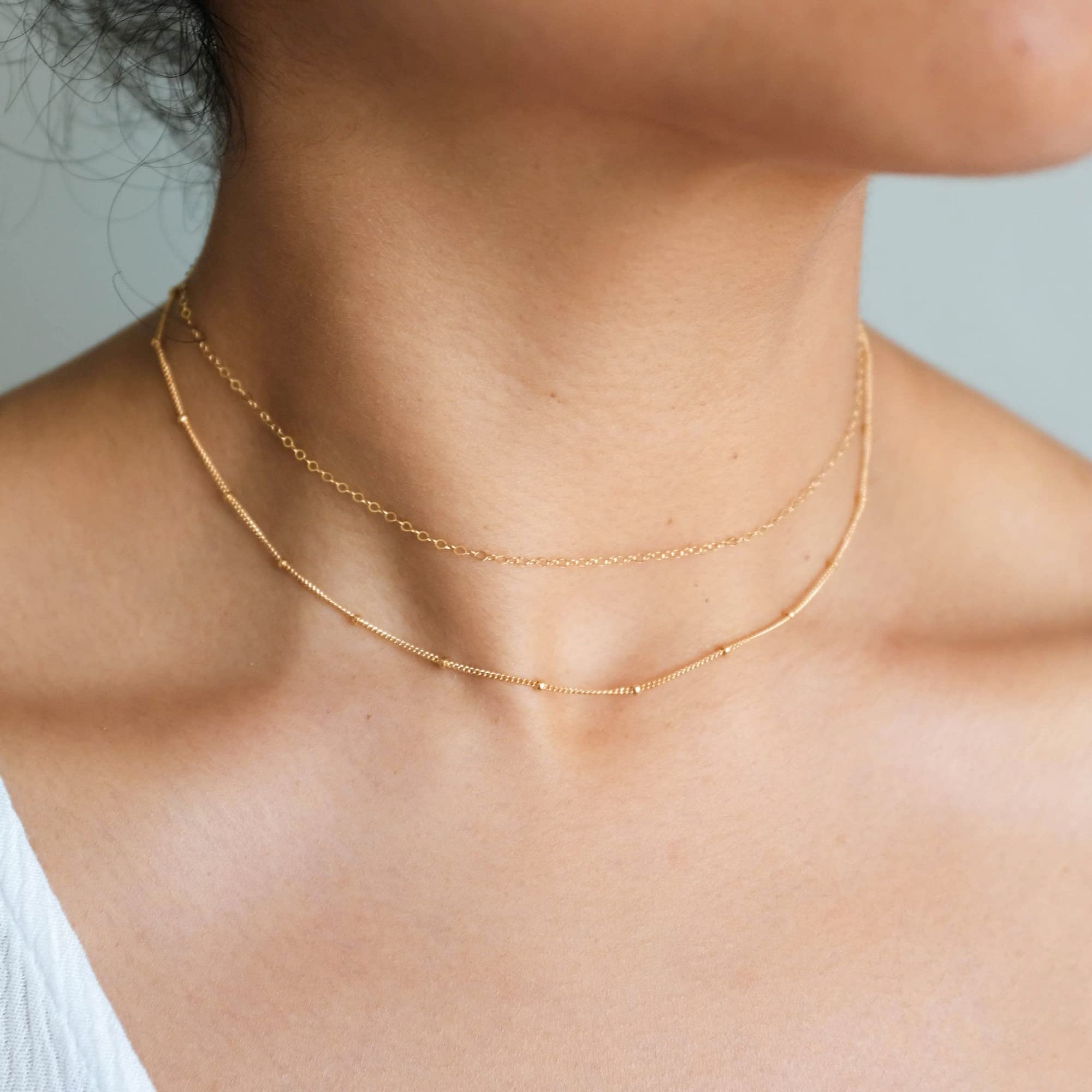 CHESKY 14k Gold Plated/Silver Plated Dainty Necklace for Women, Trendy Satellite Choker Necklace Thin Beaded Layered Choker Necklaces Discs Paperclip Chain Necklaces Womens Simple Jewelry
