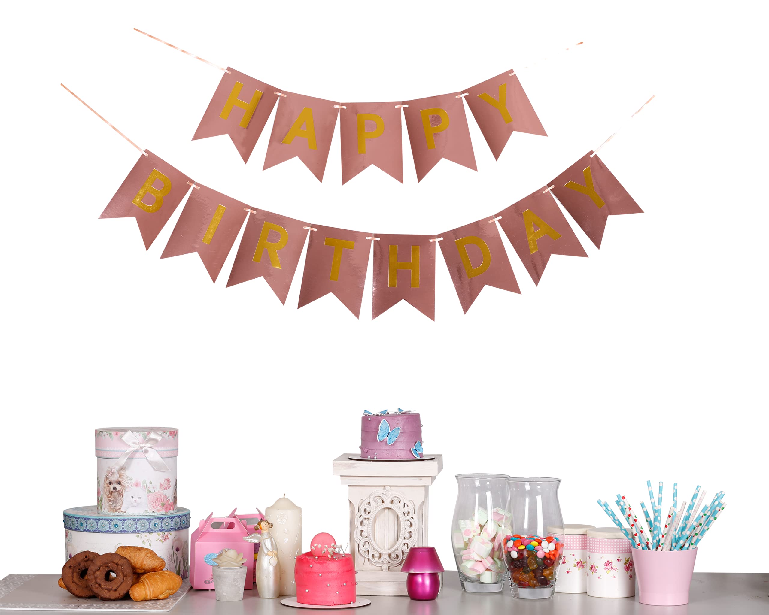 Colourful Happy Birthday Banners Bunting Garland, HBT Flag String Set, For Birthday Party Decorations Celebrations, Variety of Sizes, Fantastic Styles and Letters (Rose Gold, Small)