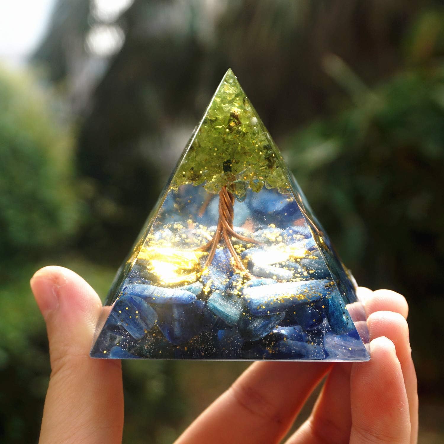 Tree of Life Orgone Pyramid Energy Chakra Reiki Meditaiton Tool Peridot and Kyanite EMF Orgonite