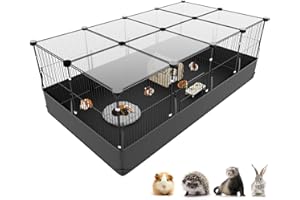 Tresbro Guinea Pig Cage with Top Cover & 12 Panels, Triple Fixing Measures Small Animal Playpen with Waterproof PVC Liner & One-Motion Hooks, 48 x 24 x 16 C&C Grids Cage for Bunny, Hedgehog, Hamster