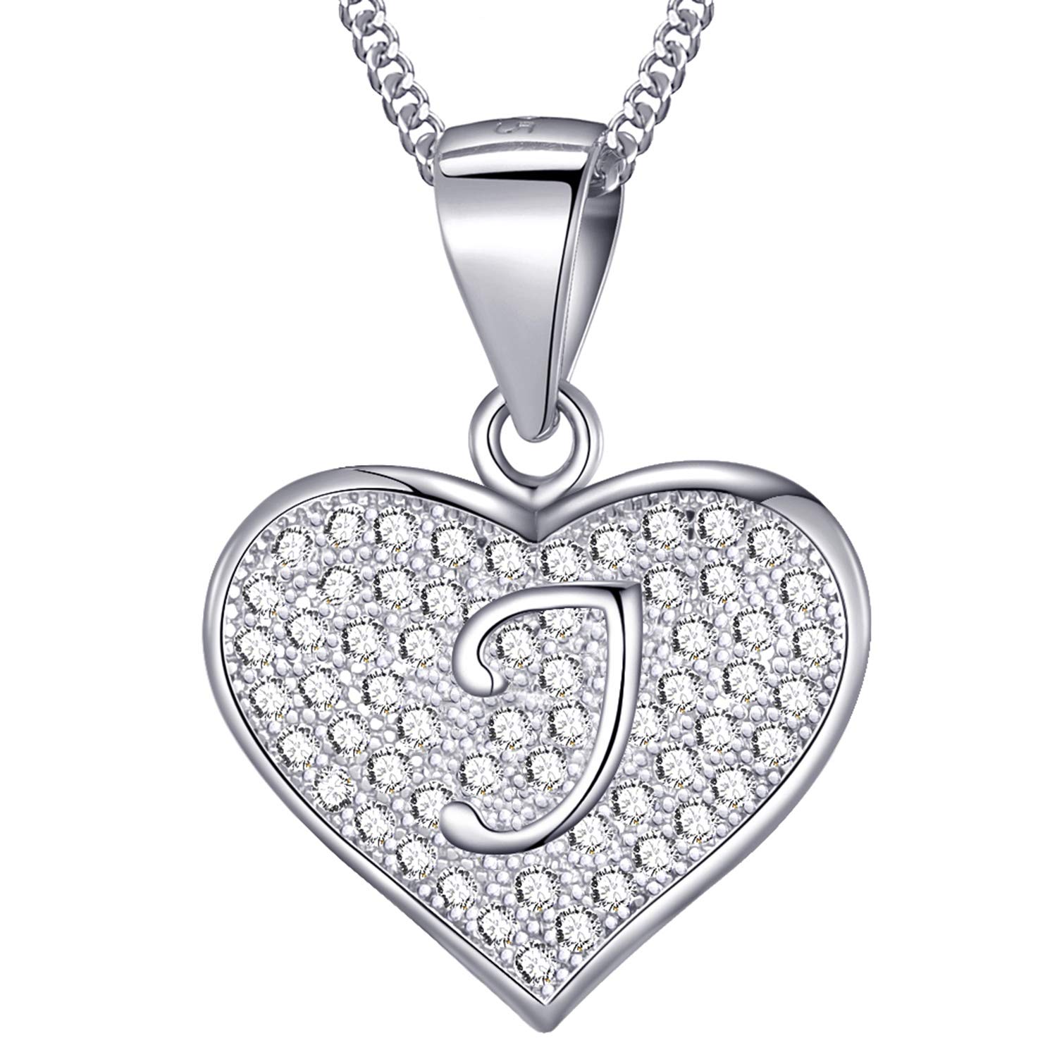 MASADA 925 Sterling Silver Heart Letter Necklace - Initial Pendant with Zircon Stones - Letter J - Personalised Alphabet, Teens & Girls - 46 cm - 18 inch Chain in Velvet Bag