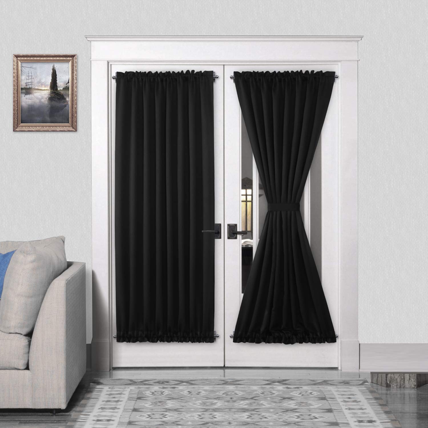 DWCN French Door Curtains – Rod Pocket Thermal Blackout Curtain for Doors with Glass Window, Kitchen and Patio Doors for Privacy, 54 X 72 Inches Long, 1 Curtain Panel with Tieback, Black — image 1