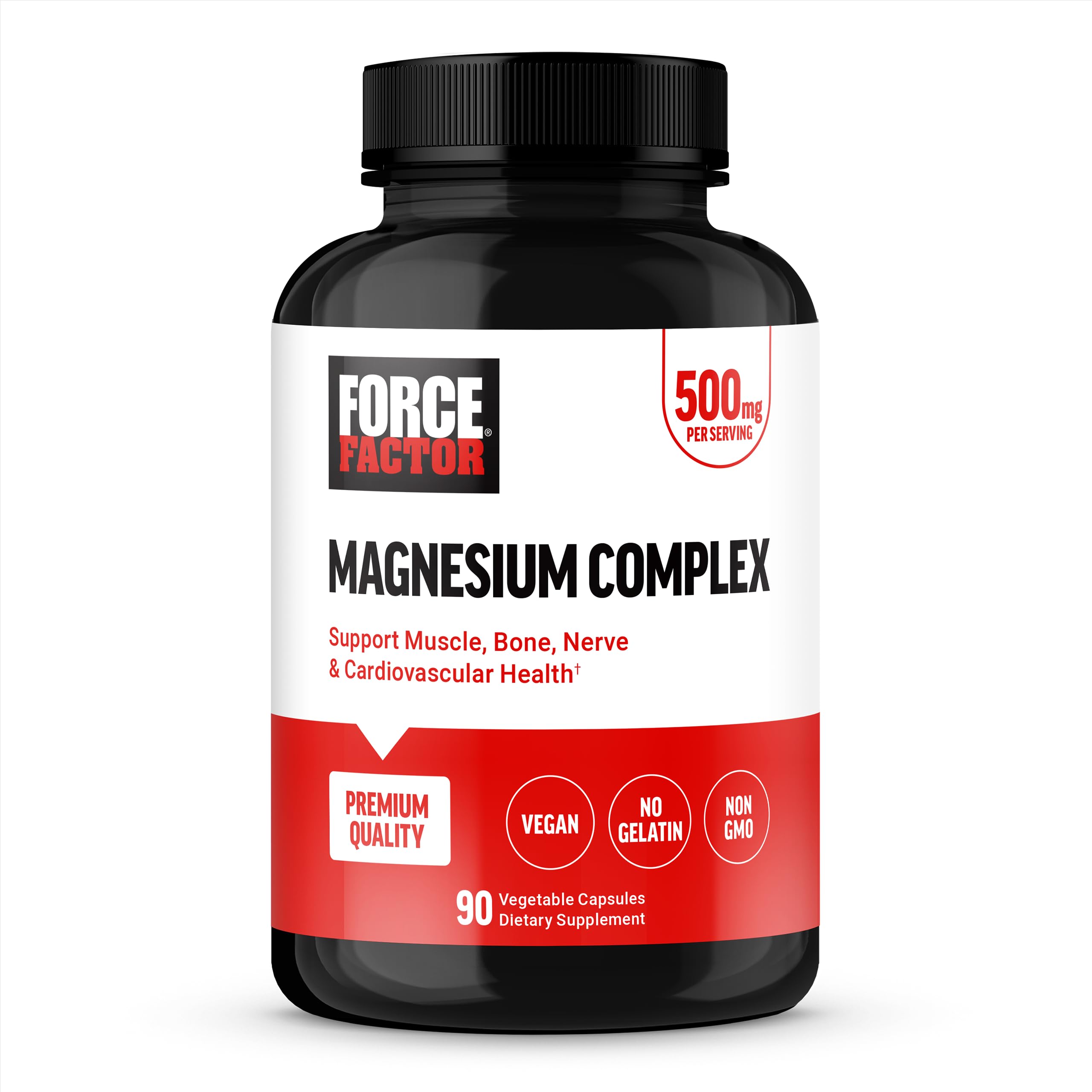 Force Factor Magnesium Complex Supplement to Support Muscles, Bones, Nerves, and Cardiovascular Health, Magnesium Glycinate, Magnesium Citrate, and Magnesium Oxide, Vegan, Non-GMO, 90 Capsules