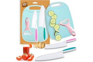 GONEJALL 4 Pieces Kids Knife Set for Real Cooking, Toddler Knife Set with Ceramic Peeler for Kitchen, Kids Cutting Board and Safe Plastic Knives for Cutting Cakes, Fruit, Veggies & Bread
