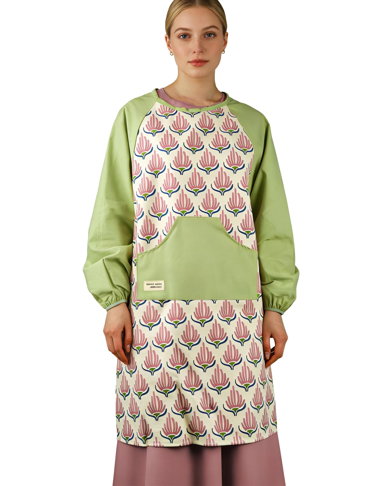 Small snail Long Sleeve Cotton Apron Waterproof Women Pinafore Kitchen Apron with Big Pockets for Cooking, Baking, Gardening, Housework