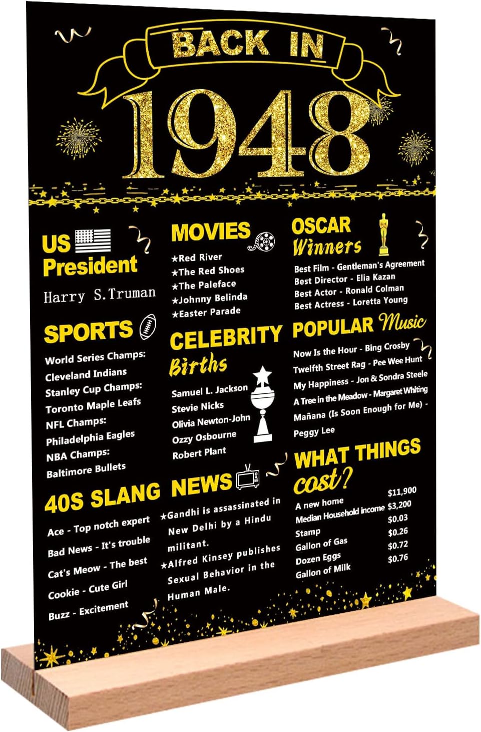 Wall Décor - DARUNAXY Black Gold 75th Birthday Gift for Men Back in 1948 Poster Acrylic Table Sign with Stand 75 Year Old Birthday Party Supplies Vintage 1948 Display Holder 75 Birthday Party Decorations for Women