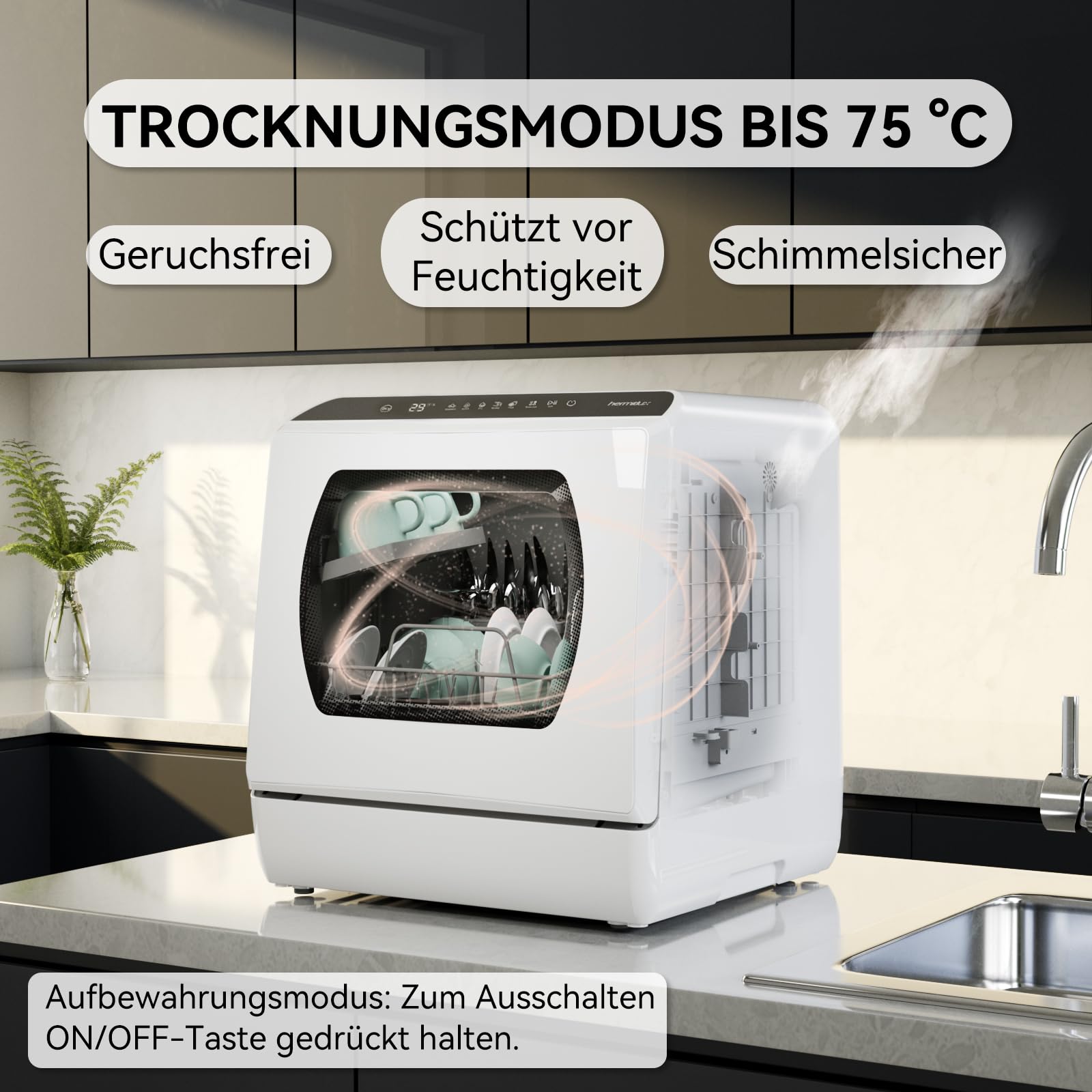 Hermitlux Mini Geschirrspüler, Spülmaschine für 4 Bestecksätze, 5 Liter Wassertank, 6 Programme Mini Tischgeschirrspüler, Perfekt für Wohnungen, Schlafsäle, Camping, Weiß 4
