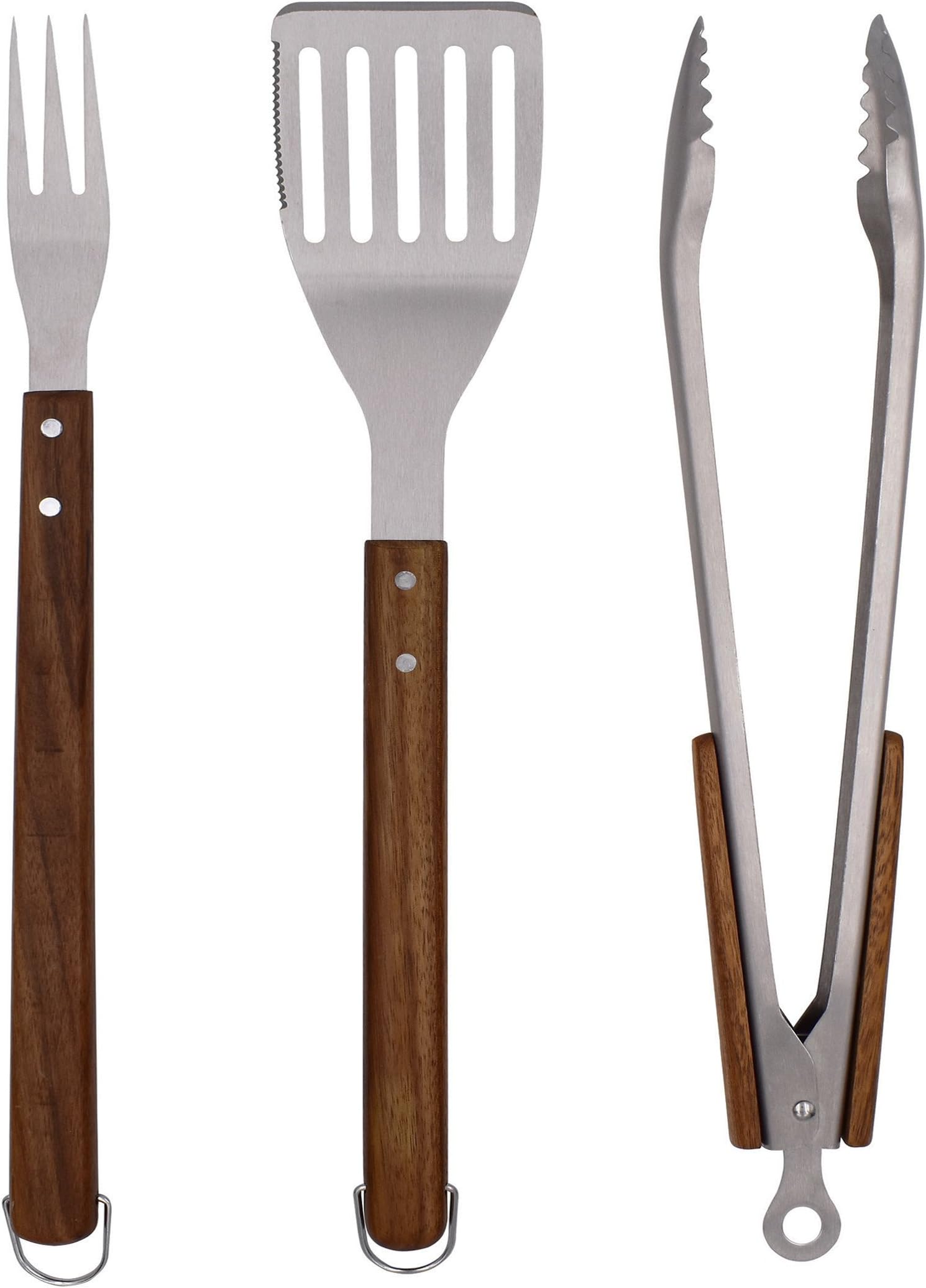 BOBZYXL BBQ Grilling Tool Set 18-inch 3-Piece, Heavy Duty Stainless Steel Spatula, Fork, Tongs with Solid Wood Handles