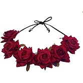 Floral Fall Rose Red Rose Flower Crown Woodland Hair Wreath Festival Headband F-67 (3-Burgundy)