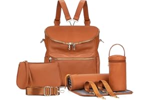 Minsong Diaper Bag Backpack,Fashion Leather Mommy Backpacks,Travel Toddler Baby Diaper Bags with in Bag Organizer and Changing Pad (Brown)