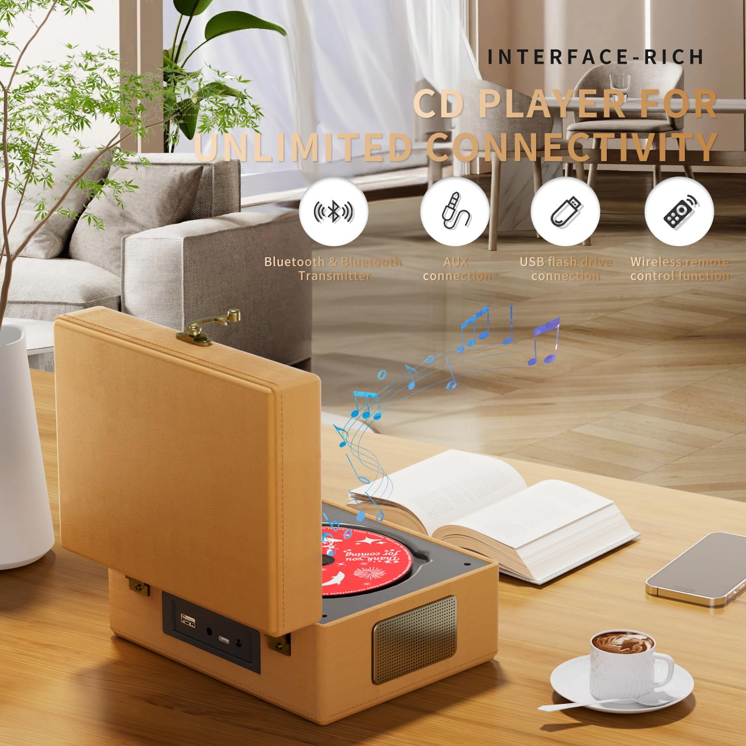 Rechargeable Leather CD Player with Speakers; Bluetooth Transmitter; Festival Gift; BGM Player for Home Décor (Brown)