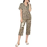 Ekouaer Capri Pajamas for Women Short Sleeve Button Down Sleepwear Comfy Lounge Set 2-Piece Pants Pjs