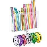 wuher 10''Acrylic Straw Holder for Cabinet Door with Tumbler Straw Organizer,Large Straw Storage with Washable Sticky Reusable Cup Lid Holder,Water Bottle Accessories Organizer for Kitchen(Clear)